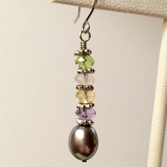 Gray Pearl, Crystal, & Sterling Dangle Earrings - Picture 6 of 7